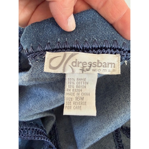 Dressbarn Denim Patchwork Longline Jacket Size 16W Blue Crochet Whipstitch Boho